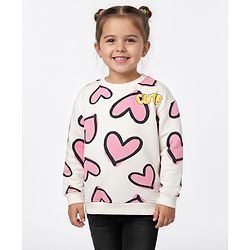 Bonfino 100% Cotton Knit Full Sleeves Oversized Sweatshirt With Heart Print - Ivory
