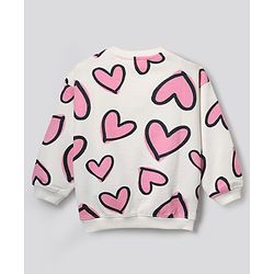 Bonfino 100% Cotton Knit Full Sleeves Oversized Sweatshirt With Heart Print - Ivory