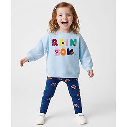 Bonfino 100% Cotton Knit  French Terry Full Sleeves Oversized Sweatshirt with Leggings Set with Rainbow Text & Print - Blue & Navy Blue