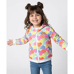 Bonfino 100% Cotton French Terry Knit Full Sleeves Oversized Hooded Sweatjacket With Heart Print & Rainbow Embroidery - White