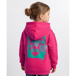 Bonfino 100% Cotton French Terry Knit Full Sleeves Oversized Hooded Sweatjacket With Front & Back Love Print & Kangaroo Pockets - Dark Pink