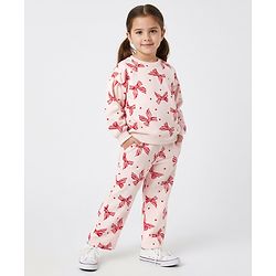 Bonfino 100% Cotton French Terry Heart Printed Full Sleeves Oversized Winter Wear Sweatshirt with Wide Leg Leggings Set - Light Pink