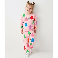 Bonfino 100% Cotton French Terry Knit Full Sleeves Oversized Sweatshirt & Wide Leg Leggings Co-Ord Set With Tree Print - Pink