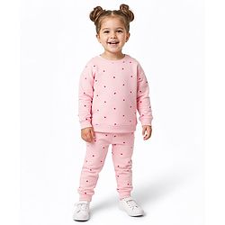 Bonfino 100% Cotton French Terry Knit Full Sleeves Oversized Sweatshirt & Joggers Co-Ord Set With Heart Print - Pink