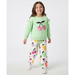 Bonfino 100% Cotton Knit French Terry Full Sleeves Oversized Sweatshirt & Wide Leg Leggings Set with Fruit Print - Light Green & Offwhite