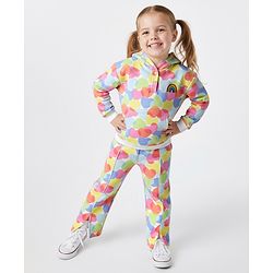 Bonfino 100% Cotton Knit French Terry Full Sleeves Oversized Hooded Sweatshirt & Wide Legged Leggings Set with Heart Print - White Pink & Lavender