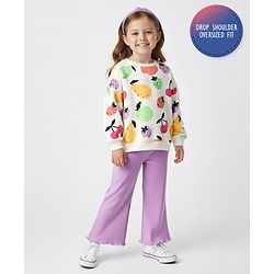 Bonfino 100% Cotton Knit Full Sleeves Oversized French Terry Sweatshirt & Legging Set With Tropical Theme Print - Lavender & Off White