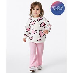 Bonfino Cotton Knit Full Sleeves Oversized French Terry Sweatshirt & Wide Leg Legging Set With Heart Print - Pink & Ivory