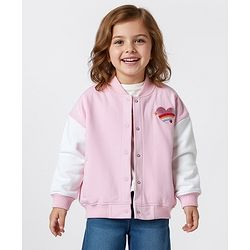 Bonfino 100% Cotton French Terry Knit Full Sleeves Oversized Bomber Jacket with Heart & Rainbow Embroidery - Pink