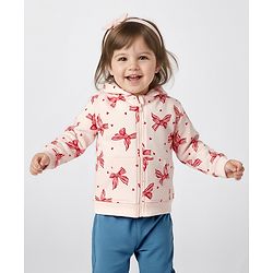Bonfino 100% Cotton French Terry Knit Full Sleeves Oversized Hooded Sweatjacket with Heart Print & Kangaroo Pocket - Light Pink