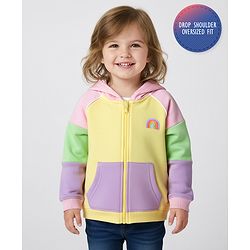 Bonfino 100% Cotton French Terry Full Raglan Sleeves Oversized Hooded SweatJacket with Rainbow Print & Kangaroo Pocket - Multicolor