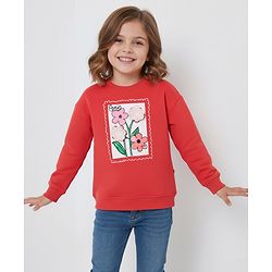 Bonfino 100% Cotton French Terry Knit Full Sleeves Oversized Sweatshirt With Floral Print & Crochet Applique - Red