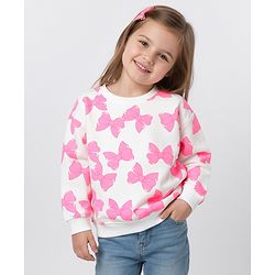 Bonfino 100% Cotton Knit Full Sleeves Oversized Sweatshirt With Bow Print - White