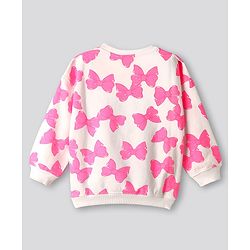 Bonfino 100% Cotton Knit Full Sleeves Oversized Sweatshirt With Bow Print - White
