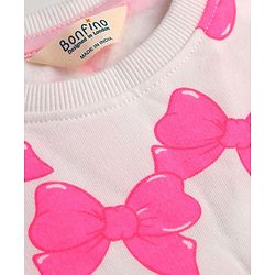 Bonfino 100% Cotton Knit Full Sleeves Oversized Sweatshirt With Bow Print - White