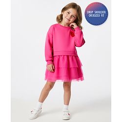 Bonfino 100% Cotton French Terry Full Sleeves Oversized Drop Waist Dress with Heart Embroidery & Mesh Layers - Dark Pink