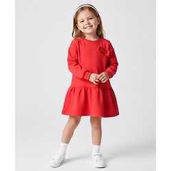 Bonfino 100% Cotton French Terry Full Sleeves Oversized Drop Waist Solid Colour Frock With Bow Applique - Red