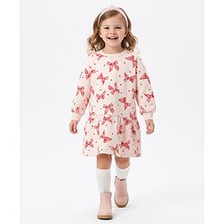 Bonfino 100% Cotton French Terry Full Sleeves Oversized Drop Waist Frock With Ribbon Print - Pink