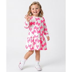 Bonfino 100% Cotton French Terry Full Sleeves Oversized Drop Waist Frock With Butterfly Print - White
