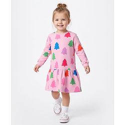 Bonfino 100% Cotton French Terry Full Sleeves Oversized Drop Waist Sweatshirt Dress with Tree Print - Pink