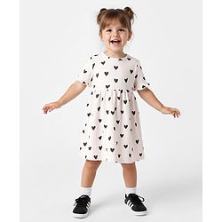 Bonfino 100% Cotton Knit Rib Fabric Half Sleeves Frock with Heart Print & Frill Detailing - Ivory