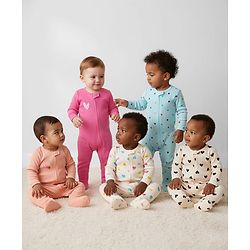Bonfino 100% Cotton Knit Full Sleeves Footed Sleep Suits with Heart Print & Applique Pack of 5 - Multicolor