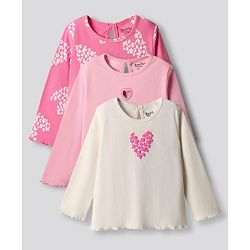 Bonfino 100% Cotton Rib Full Sleeves T-Shirt with Heart & Butterfly Pack of 3 - Ivory & Light Pink