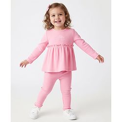 Bonfino 100% Cotton Knit Full Sleeves Full Sleeves T-Shirt & Leggings Set with Rainbow Embroidery & Frill Detailing - Light Pink