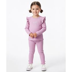 Bonfino 100% Cotton Knit Full Sleeves Rib Fabric T-Shirt & Leggings Set With Bow Print - Lavender