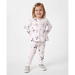 Bonfino 100% Cotton Knit Rib Fabric Full Sleeves T-Shirt & Leggings Set With Bow & Heart Print - Ivory
