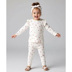 Bonfino 100% Cotton Knit Full Sleeves Co-ords T-Shirt & Leggings Set with Headband & Heart Print - Ivory