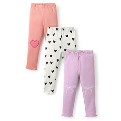 Bonfino 100% Cotton Knit Full Length Printed Leggings Pack Of 3 - Lavender Peach & Ivory