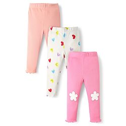 Bonfino 100% Cotton Rib Fabric Full Length Leggings with Heart & Floral Print Pack of 3 - Pink Peach & Ivory
