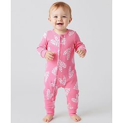 Bonfino 100% Cotton Knit Rib Fabric Full Sleeves Front Open Romper with Butterfly & Floral Print - Pink