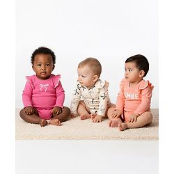 Bonfino 100% Cotton Knit Rib Fabric Full Sleeves Onesies with Bow Print & Frill Detailing Pack of 3 - Peach Pink & Ivory