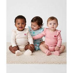 Bonfino 100% Cotton Knit Rib Fabric Full Sleeves Onesies with Frill Detailing Heart Embroidery & Polka Dot Print Pack of 3 - Light Blue Light Pink & Ivory