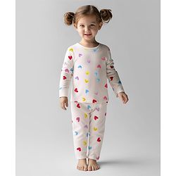 Bonfino 100% Cotton Knit Rib Fabric Full Sleeves Co-Ord Night Suit with Heart - Ivory
