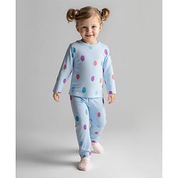 Bonfino 100% Cotton Knit Full Sleeves Co-Ord Night Suit with Polka Dot Print - Light Blue