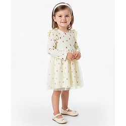 Bonfino 100% Cotton Rib Full Sleeves Dress with Mesh Floral Print & Frill Detailing - Ivory