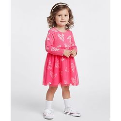 Bonfino 100% Cotton Rib Full Sleeves Dress with Mesh Heart Print - Dark Pink