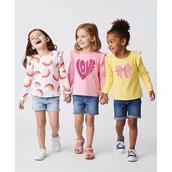 Bonfino 100% Cotton Knit Full Sleeves T-Shirts with Heart & Rainbow Print and Frill Detailing Pack of 3 - Yellow Pink & White
