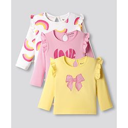 Bonfino 100% Cotton Knit Full Sleeves T-Shirts with Heart & Rainbow Print and Frill Detailing Pack of 3 - Yellow Pink & White