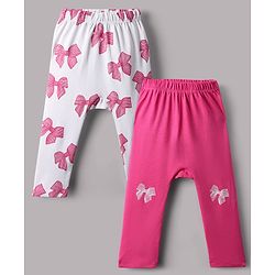 Bonfino Cotton Knit Full Length Diaper Leggings With Bow Print Pack Of 2 - White & Red