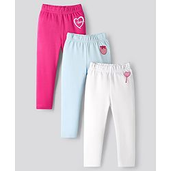 Bonfino Cotton Knit Full Length Leggings With Tropical Theme Print Pack Of 3 - White Red & Light Blue