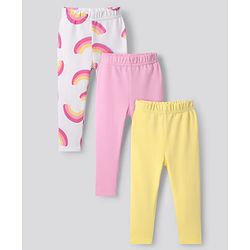 Bonfino 100% Cotton Knit Leggings with Butterfly Print Pack of 3 - Yellow Pink & White