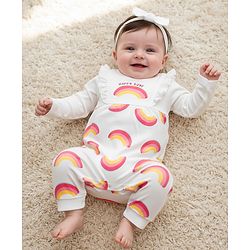 Bonfino 100% Cotton Knit Full Sleeves Romper With Rainbow Print - White