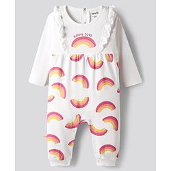 Bonfino 100% Cotton Knit Full Sleeves Romper With Rainbow Print - White