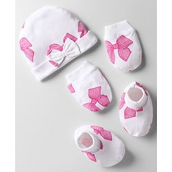 Bonfino 100% Cotton Cap Mittens & Booties Set With Bow Print White & Pink - Diameter 12 cm