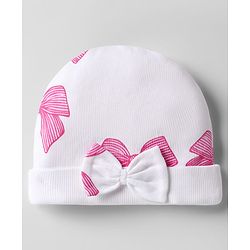 Bonfino 100% Cotton Cap Mittens & Booties Set With Bow Print White & Pink - Diameter 12 cm