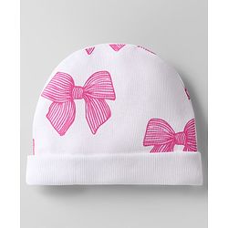 Bonfino 100% Cotton Cap Mittens & Booties Set With Bow Print White & Pink - Diameter 12 cm